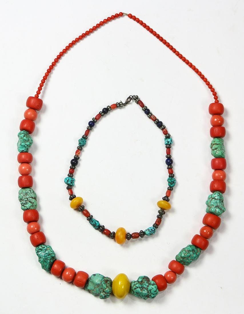 (Lot of 2) Coral, glass, imitation turquoise, resin and (1 of 2)