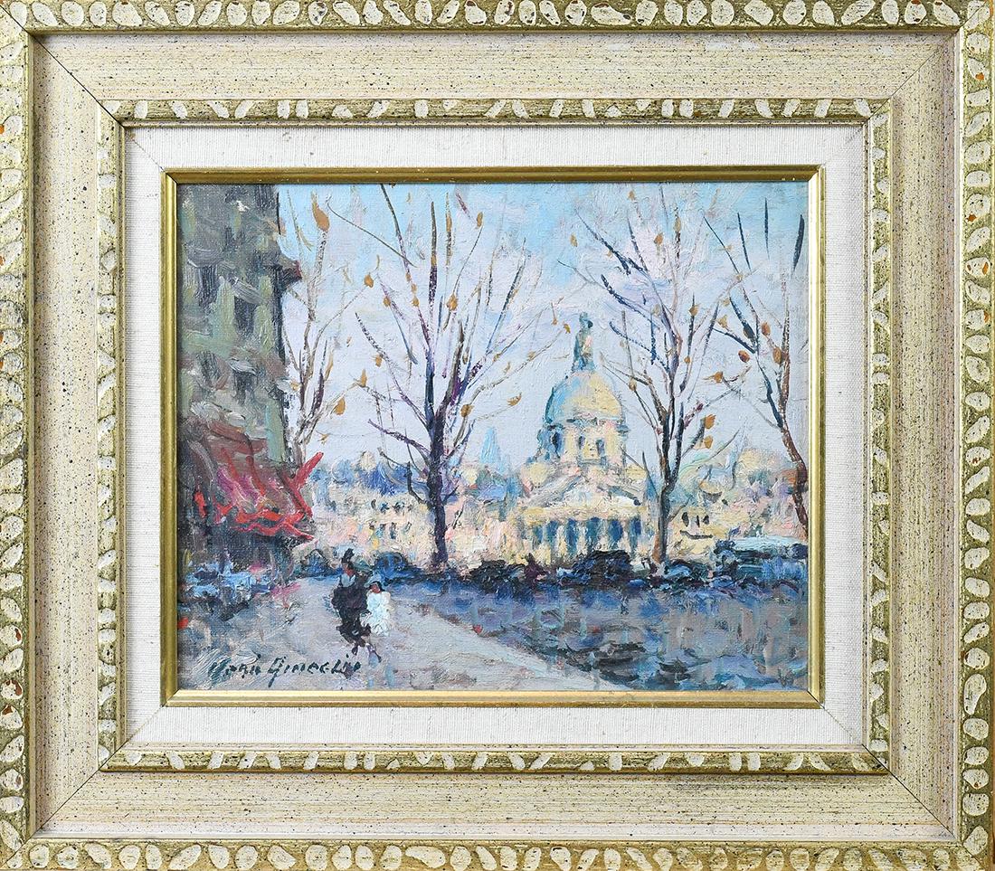 Painting, Bords de Siene, Paris: "Bords de Siene, Paris" oil on canvas board, signed indistinctly (Mario Ginelle?) lower left and verso, titled verso, overall (with frame): 13.5"h x 15.5"w