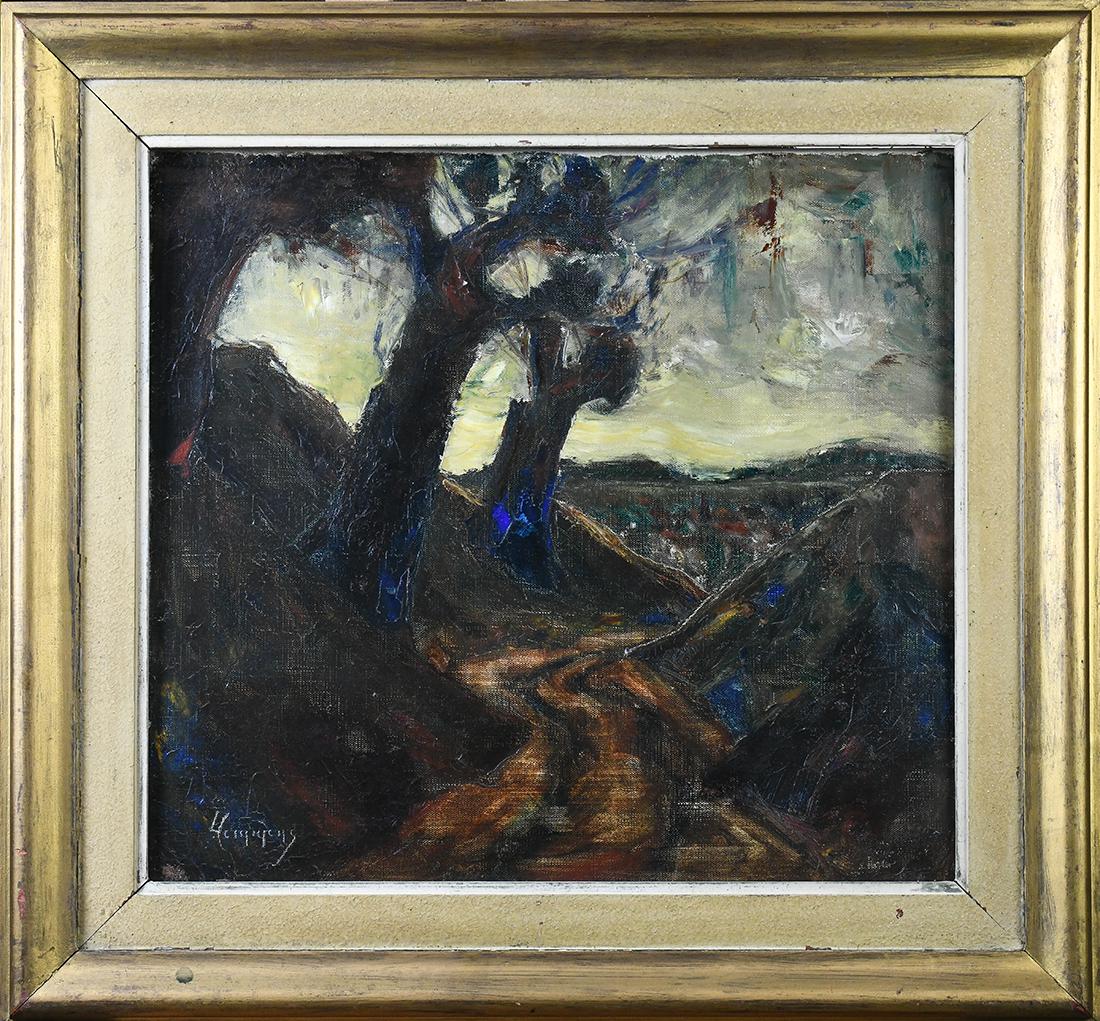 Paintung, Leon Huygens: Leon Huygens (Belgian, 1876-1918), Stormy Day on the Hillside, oil on canvas, signed lower left, overall (with frame): 26.25"h x 28.5"w