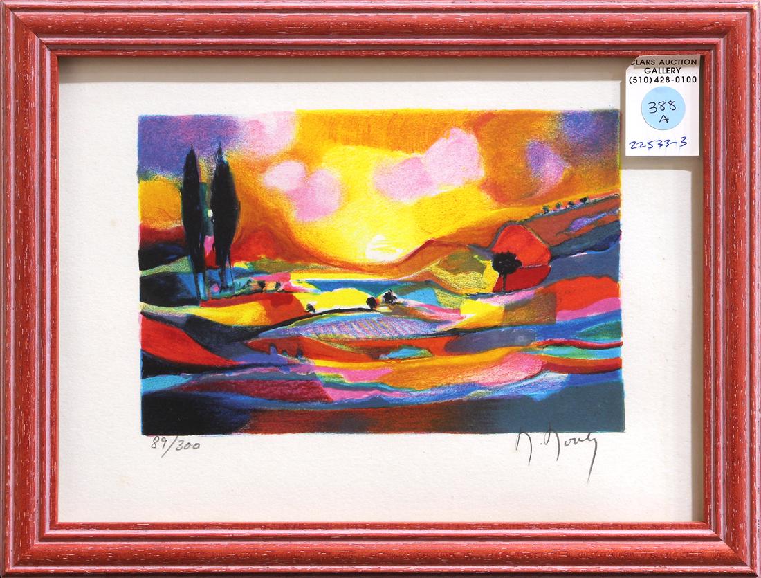 Print, Marcel Mouly: Marcel Mouly (French, 1918-2008), Paysage Aux Deux Cypress, lithograph in colors, pencil signed lower right, edition 89/300, overall (with frame): 10"h x 13"w