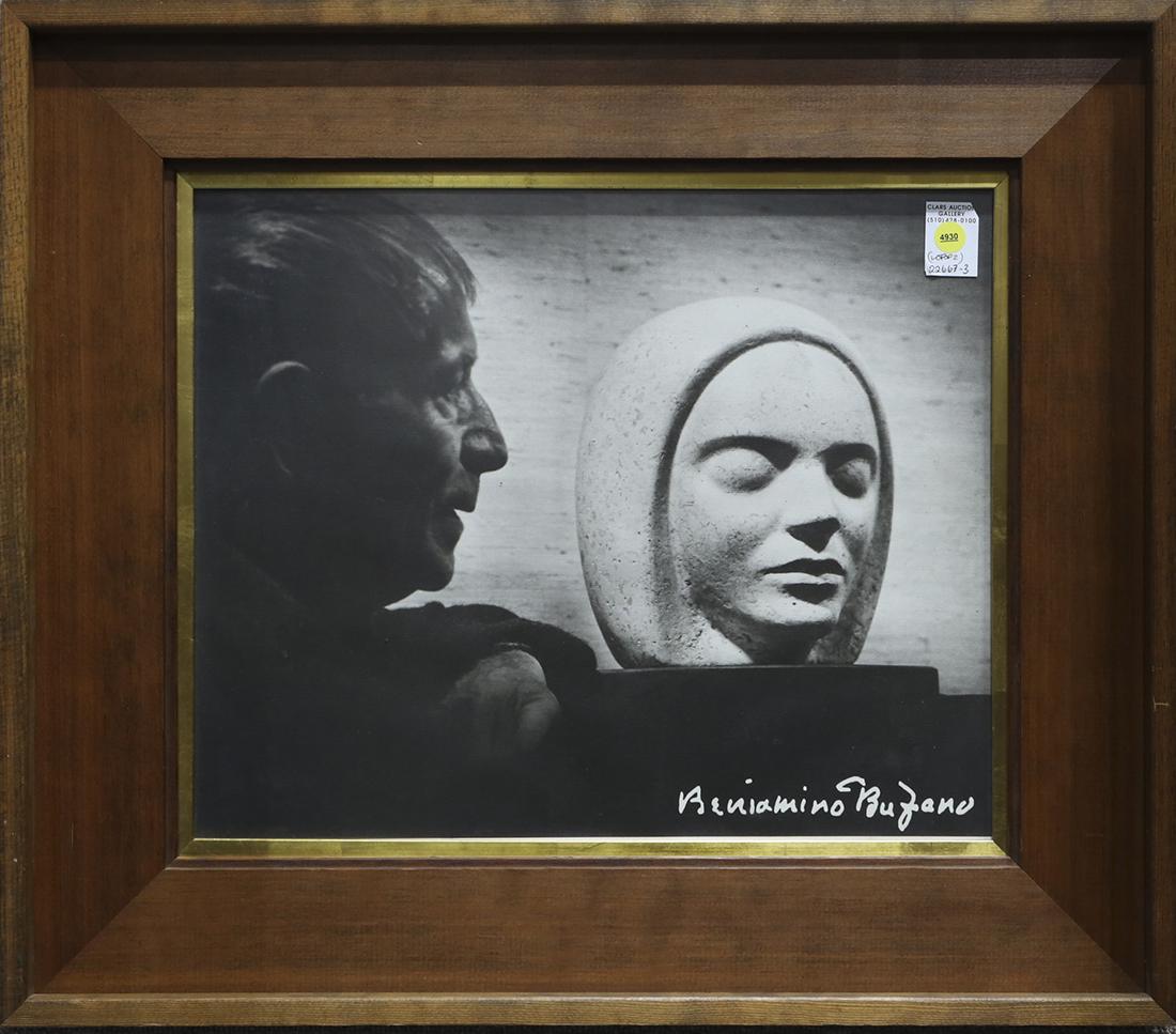 Book and Photo, Beniamino Bufano: Beniamino Bufano (Italian, 1898-1970), Portrait of the Artist with his Sculpture, offset photograph, signed in plate lower right, and "Buffano, Sculptures, Mosaics, Drawsings," illustrated book publis