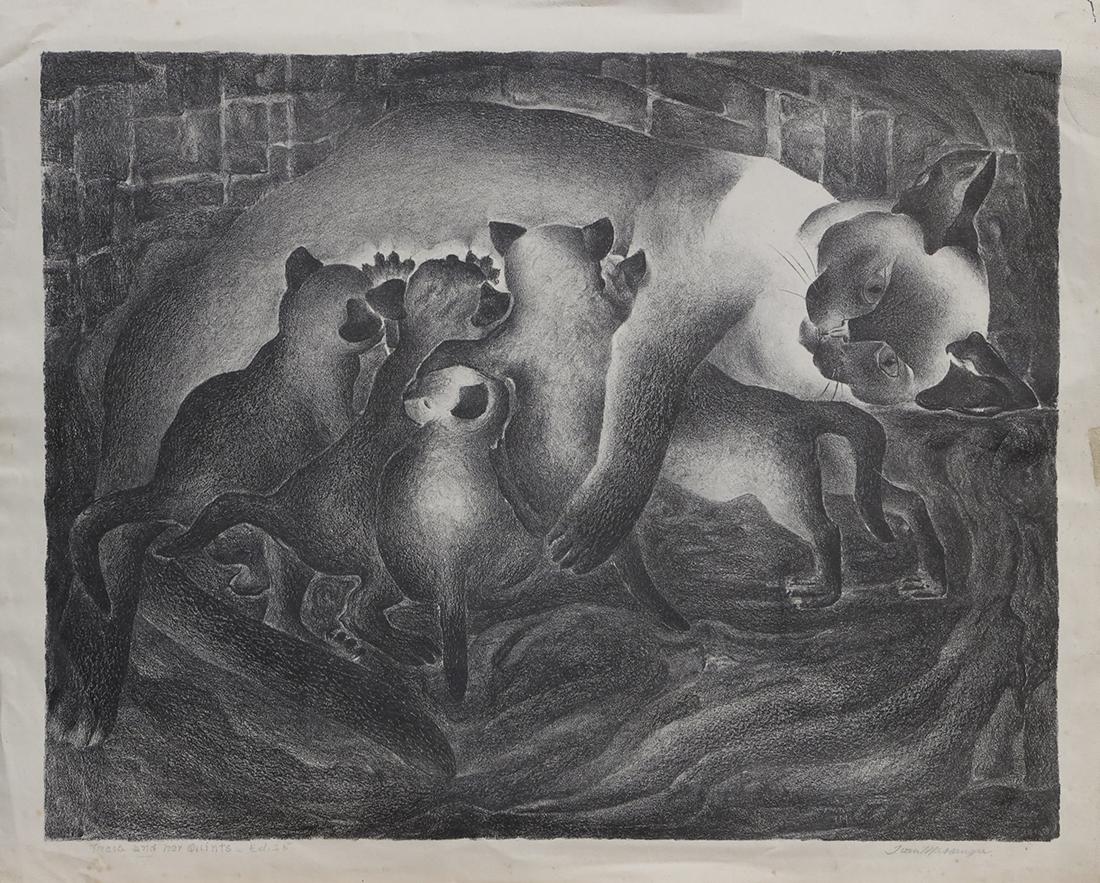 Print, Ivan Messenger: Ivan Messenger (American, 1895-1983), “Thaia and Her Quints,” lithograph, pencil signed lower right, initialed in plate lower right, titled lower left, from an edition of 25, sheet (unframed): 15.