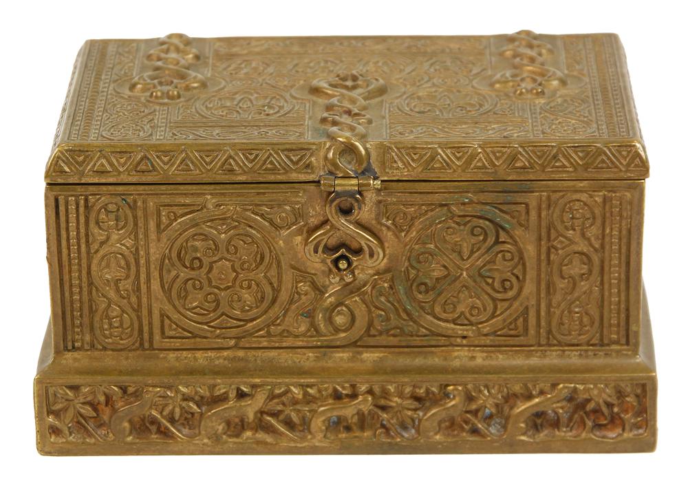 Tiffany Studios Venetian dore bronze double inkwell: Tiffany Studios Venetian dore bronze double inkwell, the casket form with a hinged lid and decorative strapwork, fitted with integrated bronze pots, stamped on base, "Tiffany Studios, New York, 1641",