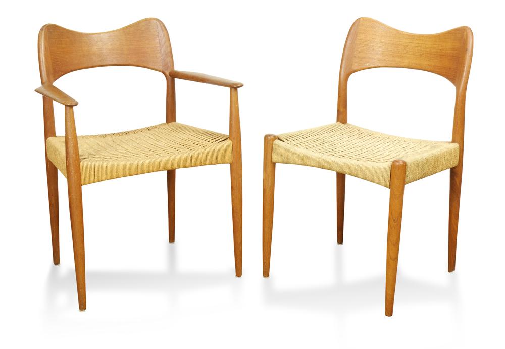 (lot of 2) Danish Arne Hovmand Olsen for Mogens Kold: (lot of 2) Danish Arne Hovmand Olsen for Mogens Kold Teak Dining Chairs, comprising an armchair and a side chair, each with a bowed amorphic back splat over trapezoidal paper cord woven seats on taper