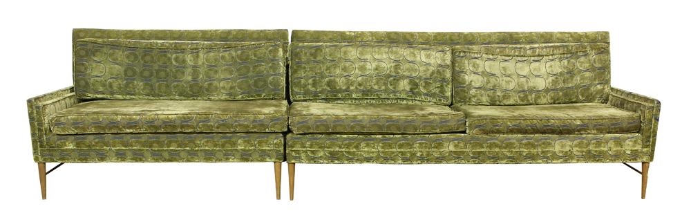 Paul Mccobb sectional two piece sofa circa 1950: Paul Mccobb sectional two piece sofa circa 1950, having Florence Knoll green upholstery with repeating geometric designs, and rising on tapered legs, 32.5"h x 128"w x 27"d