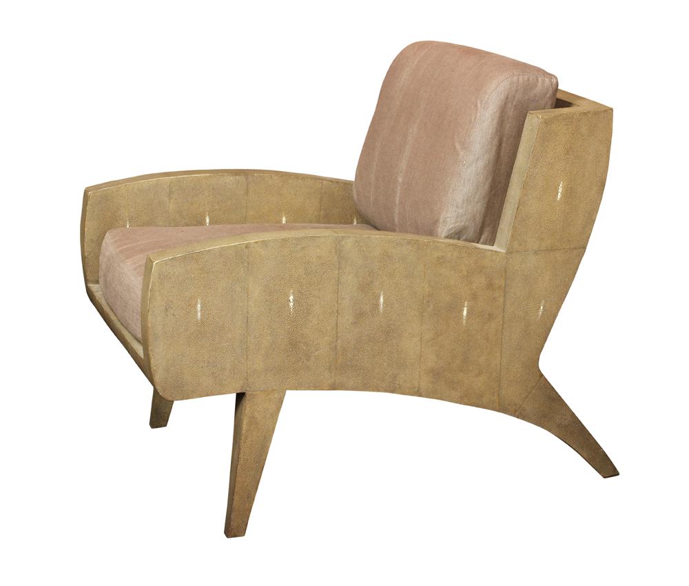 R.Y. Augusti French shagreen veneered lounge armchair: R.Y. Augusti French shagreen veneered lounge armchair, the u-shaped frame back with a back cushion in a contemporary tweed fabric, over twin demi-lune shaped arms over a rectangular cushion, on tapere