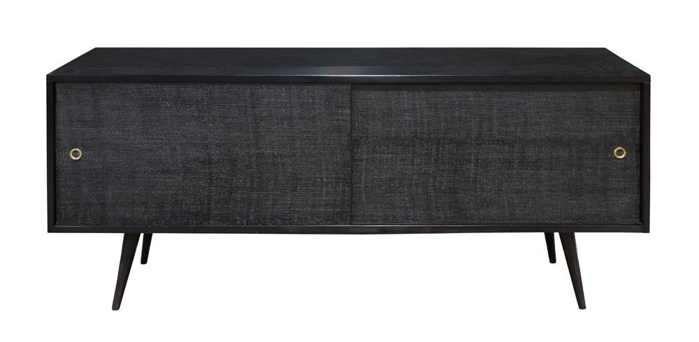 Paul McCobb for Planner Group ebonized credenza: Paul McCobb for Planner Group ebonized credenza, having a rectangular top, above two sliding doors and rising on tapered legs, 25"h x 60"w x 18"d