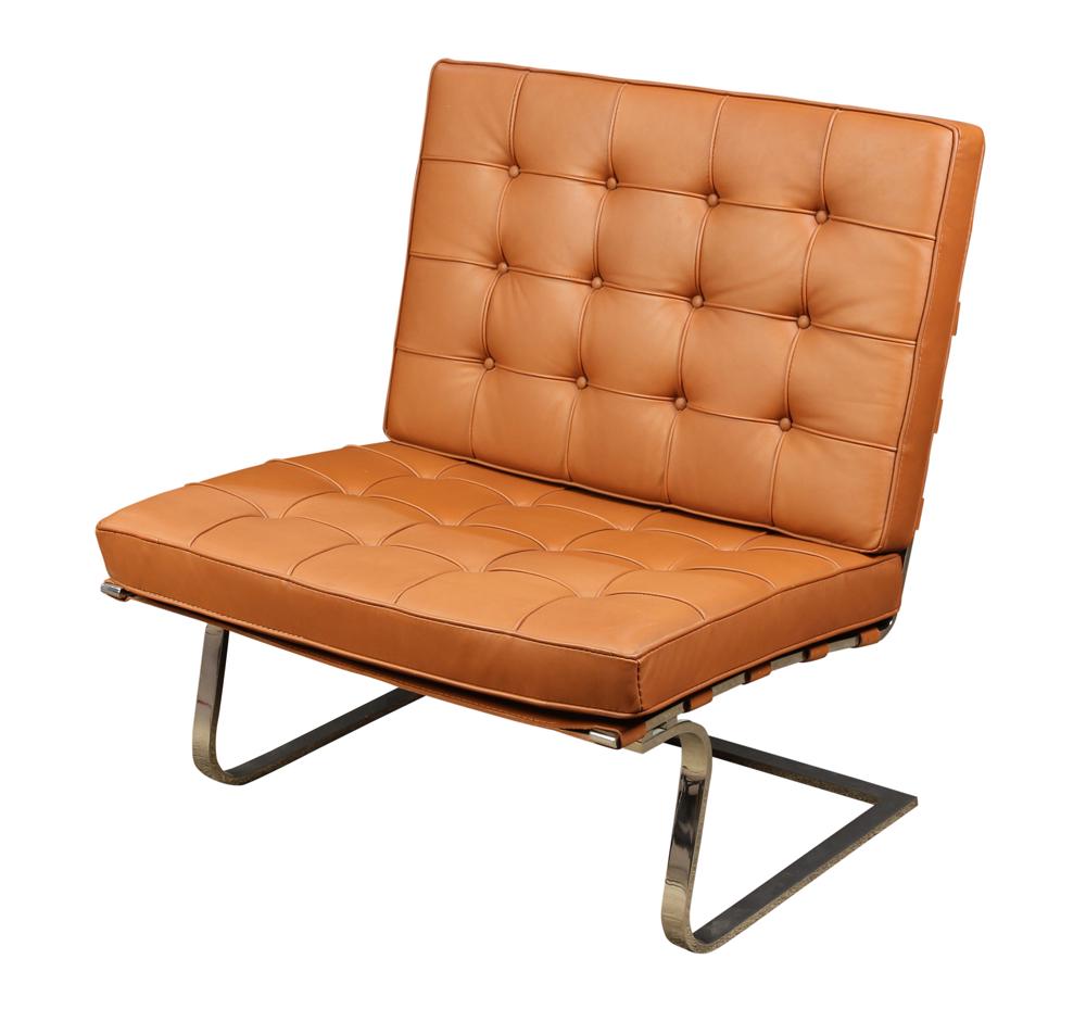 Ludwig Mies van der Rohe for Knoll Tugendhat lounge: Ludwig Mies van der Rohe for Knoll Tugendhat lounge chair, the chrome plated stainless steel cantilvered frame with brown leather tufted upholstered seat cushions, 32"h x 30.5"w x 29"d.