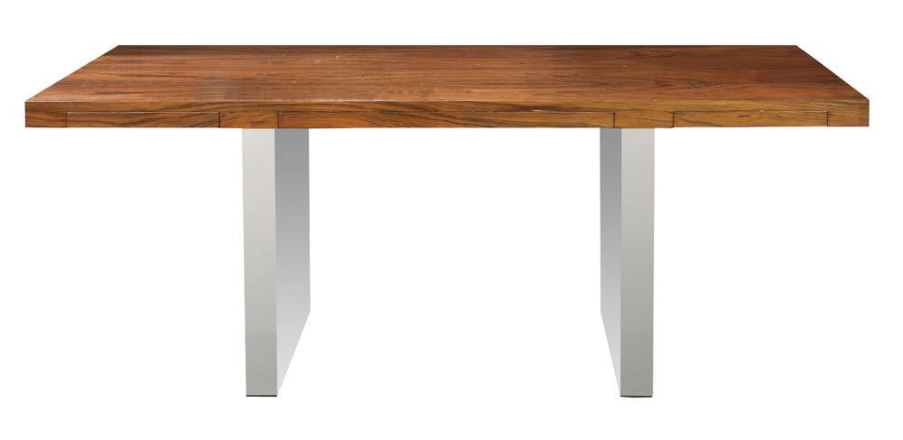 Roger Sprunger for Dunbar rosewood desk: Roger Sprunger for Dunbar rosewood desk, having a rectangular top with three drawers, rising on double chromed steel pedestal supports, interior drawer retains brass D tag, 29"h x 72"w x 32"d