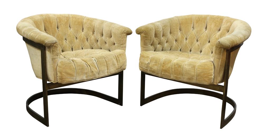 (lot of 2) Pair John Stuart bronze and upholstered: (lot of 2) Pair John Stuart bronze and upholstered armchairs, each upholstered in tufted gold cut velvet, continuing to a bronze cantileviered frame with a u-shaped crestrail, on twin flat bar stiles,