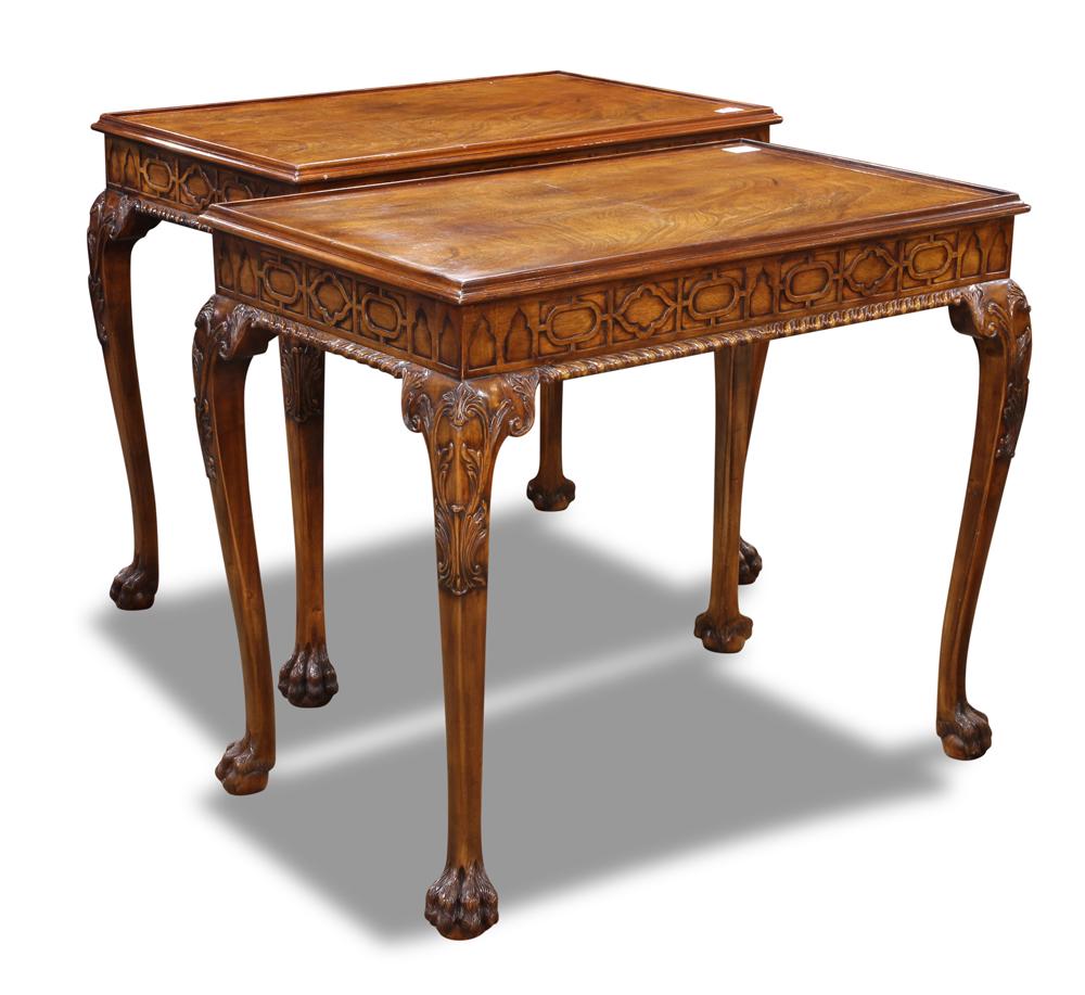 (lot of 2) Chippendale style mahogany tea tables: (lot of 2) Chippendale style mahogany tea tables, each having a rectangular top and rising on cabriole legs, 30"h x 35"w x 22"d