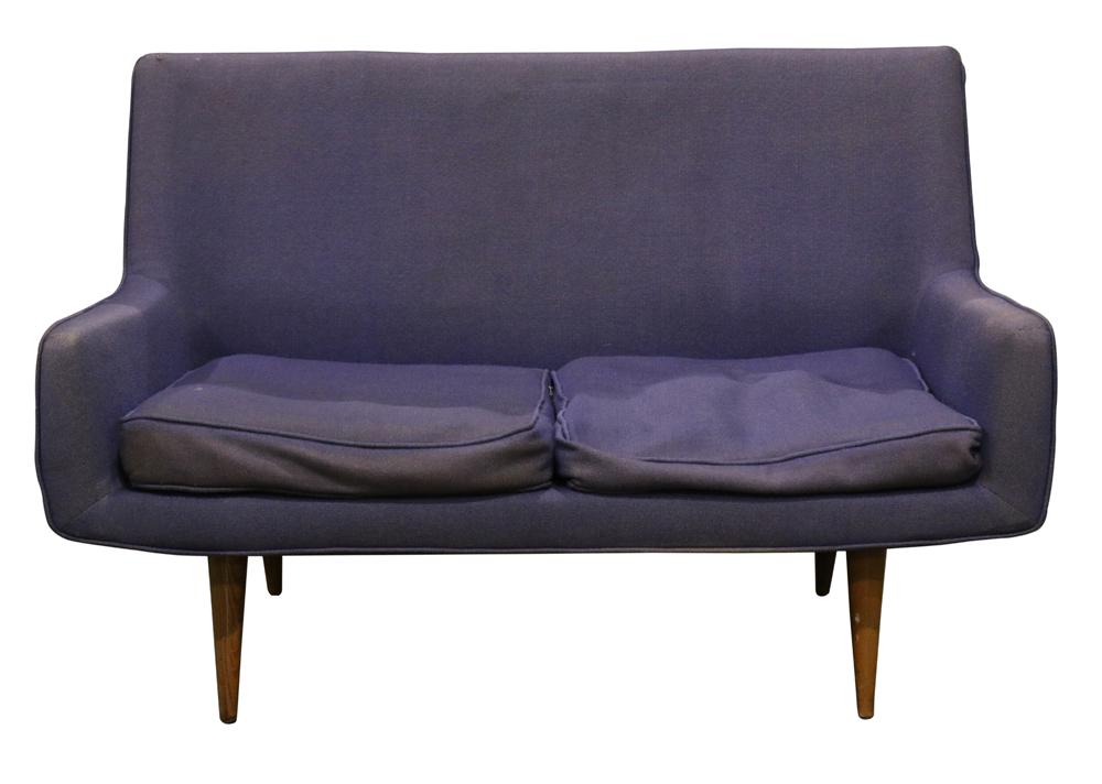 Mid Century sofa attributed to Arne Vodder: Mid Century sofa attributed to Arne Vodder, having lavendar fabric upholstery and rising on tapered legs, 30"h x 47"w x 27"d