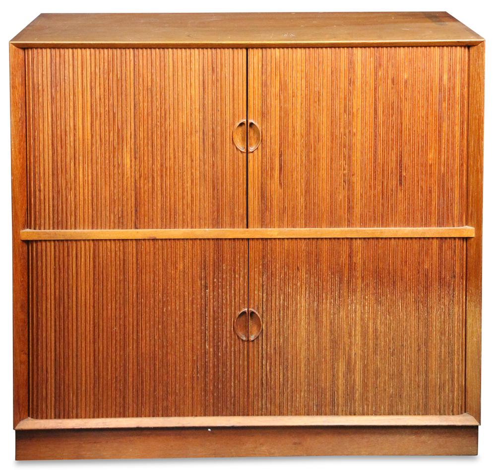 (lot of 2) Danish Peter Hvidt & Orla Molgaard Nielsen: (lot of 2) Danish Peter Hvidt & Orla Molgaard Nielsen modular shelving system, executed in teak, comprised of (2) units, each rising on plinth bases, one with five drawers, the other with tambour door