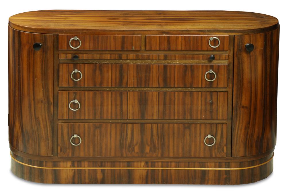 Art Deco rosewood cabinet: Art Deco rosewood cabinet, circa 1930, having a circular top, above four drawers and a slide out surface, flanked by two doors, 25"h x 40"w x 15.5"d