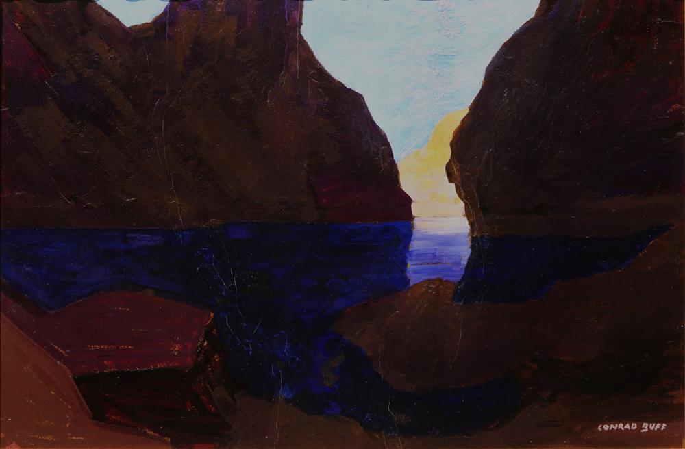 Painting, Conrad Buff: Conrad Buff (American, 1886-1975), "Headlands," oil on canvas board, signed lower right, stamped and titled verso, board: 15.5"h x 23.5"w, overall (with frame): 18.5 x 26.5"w