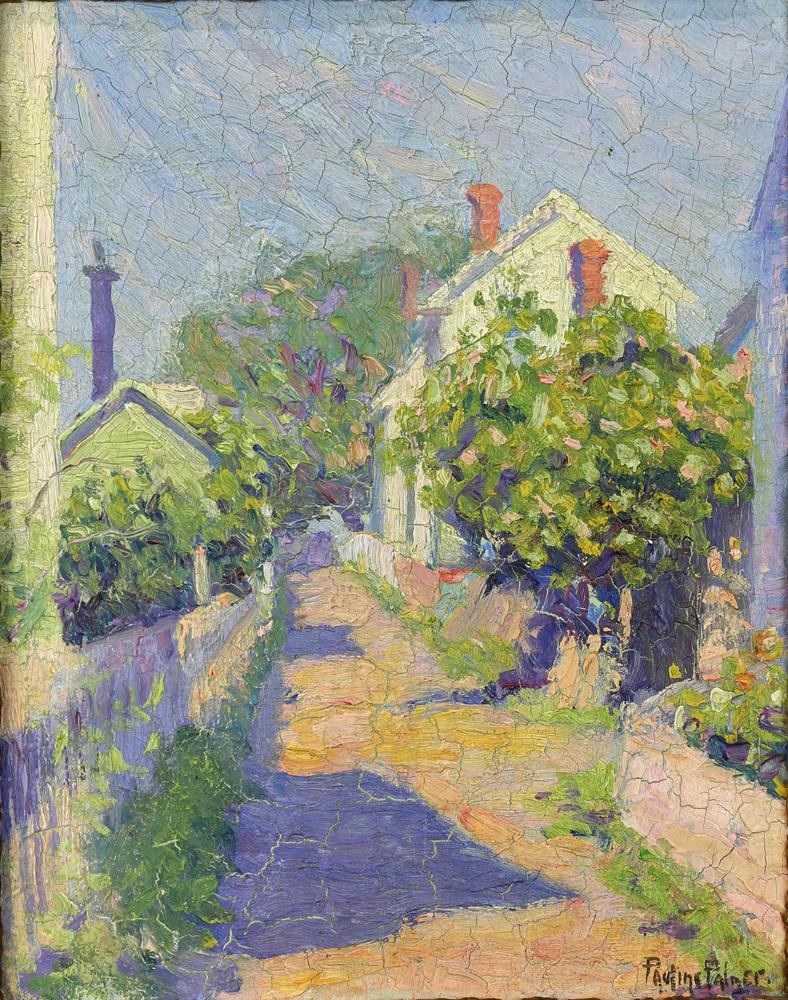 Painting, Pauline Palmer: Pauline Palmer (American, 1867-1938), "Provincetown," oil on board, signed lower right, titled in pencil verso, board: 10.25"h x 8"w, overall (with frame): 14"h x 11.75"w
