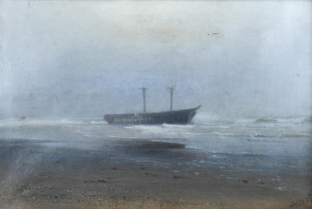 Painting, Charles Dormon Robinson: Charles Dormon Robinson (American, 1847-1933), Shipwreck Offshore, 1891, oil on canvas, signed and dated lower right, canvas: 20"h x 30"w, overall (with frame): 24.5"h x 34.5"w