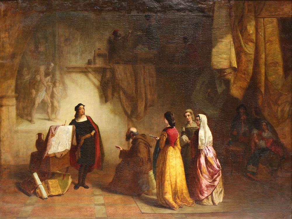 Painting, Edwin D. White: Edwin D. White (American, 1817-1877), "Raphael in His Studio," 1863, oil on canvas, signed and dated lower left, title placard affixed lower center, canvas: 41"h x 55"w, overall (with frame): 53.5"h x