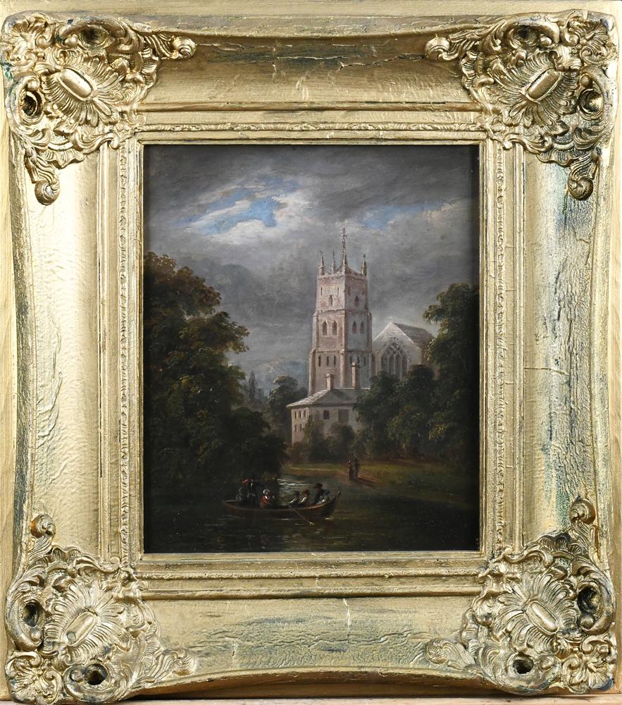 Painting, Follower of John Constable: Follower of John Constable (British, 1776-1837), "Sunday Morning," oil on panel, unsigned, title label affixed verso, panel: 12"h x 10"w, overall (with frame): 19.25"h x 17.25"w. Provenance: From the