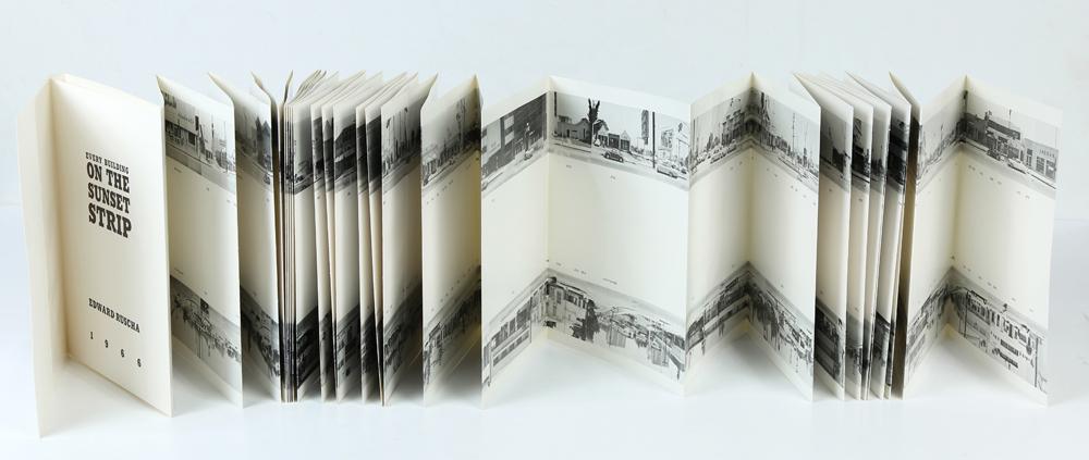 Book, Ed Ruscha: Ed Ruscha (American, b.1937), "Every Building on the Sunset Strip," 1966, accordion-fold black and white offset photographic panorama book, with original silver-paper covered slipcase, printed by Cine