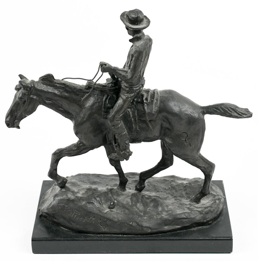 Sculpture, Charles Marion Russell: Charles Marion Russell (American 1864-1926), "Will Rogers," bronze sculpture with patina, signed verso, overall (with marble base): 11.5"h x 9"w x 5"d