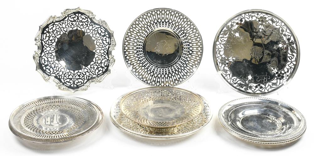 (lot of 11) Sterling silver reticulated sandwich and: (lot of 11) Sterling silver reticulated sandwich and serving plate group, 1908-2000, makers include (5) Gorham, (2) Roger Williams Silver Co., (2) Watson, Rogers and Mauser Manufacturing Company, larg
