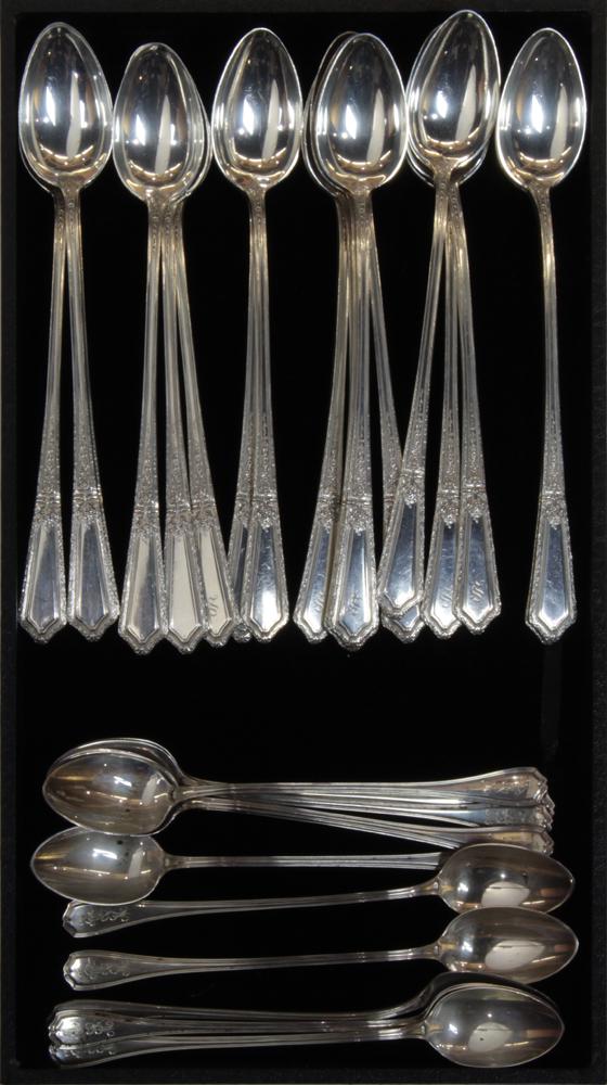 (lot of 30) Associated sterling silver iced tea spoons: (lot of 30) Associated sterling silver iced tea spoons, consisting of (18) Towle Smithsmiths examples in the "D'Orleans" pattern, together with (12) Reed & Barton examples in the "Hepplewhite" pattern