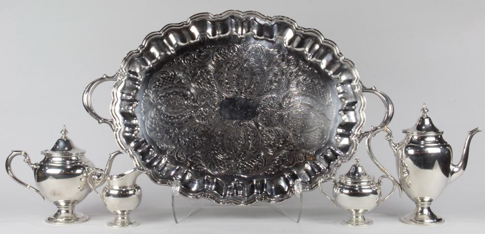 (lot of 5) Gorham sterling silver hot beverage service: (lot of 5) Gorham sterling silver hot beverage service consisting of a coffee pot, tea pot, creamer and sugar, together with an associated silverplate tray, Provenance: Los Altos estate, largest: 27"l