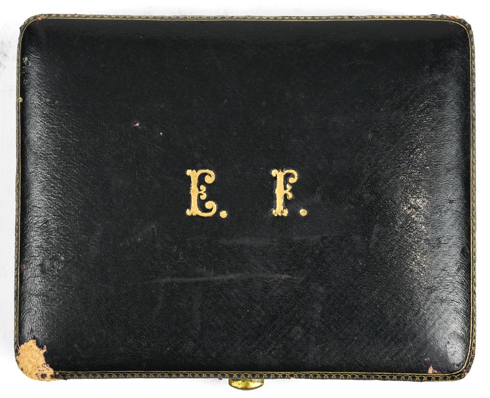 (lot of 4) French sterling silver and gilt wash serving: (lot of 4) French sterling silver and gilt wash serving utensils, late 19th/early 20th Century, consisting of tongs, sugar scoop, spoon and three pronged fork, together with a custom leather tooled bo