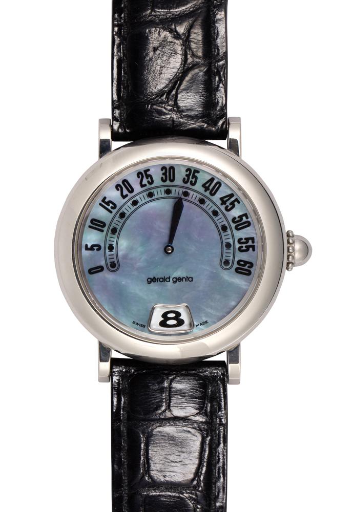 Gerald Genta mother-of-pearl, stainless steel,: Gerald Genta mother-of-pearl, stainless steel, automatic jump hour Retrograde wristwatch, Ref. G.3634 Dial: round, blue, mother-of-pearl, black Arabic numeral minutes arc, inside black dot and baton r