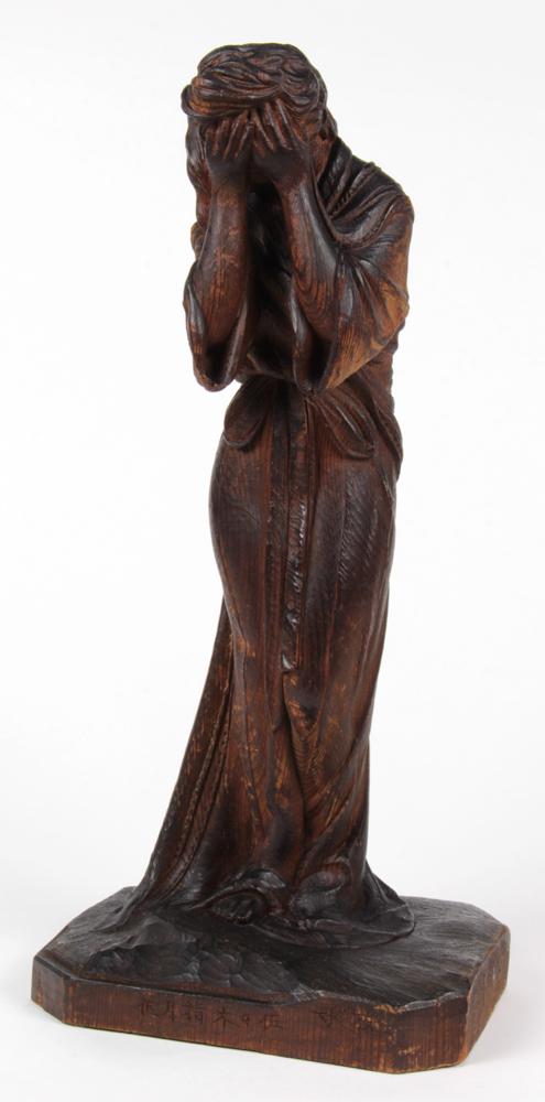 Japanese Wooden Sculpture, Sasaki Shigetsu, Meiji: Sasaki Shigetsu (Japanese, 1882-1945), wood sculpture "Elegy", the signature and title in Japanese carved in front, and the year 1908 to the side, approx. 15.25"h