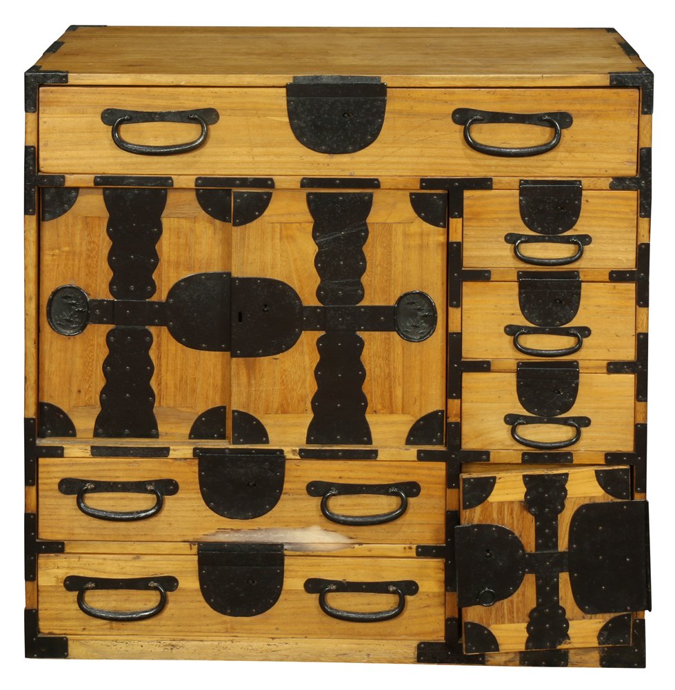 Japanese Tansu Chest: Japanese tansu chest, one drawer above three drawers to the right and a hinged door section with two interior drawers, a sliding door section above two drawers to the left, iron fittings, iron pole ha
