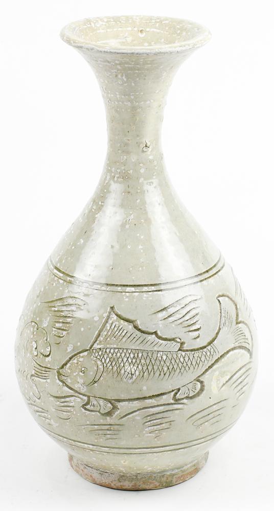 Vietnamese Gray Glazed Yuhuchun Bottle Vase: Vietnamese gray glazed ceramic bottle vase, the yuhuchunping incised with two fish on the pear shaped body, 16"h; Provenance: Prominent Private Collection from San Diego, California