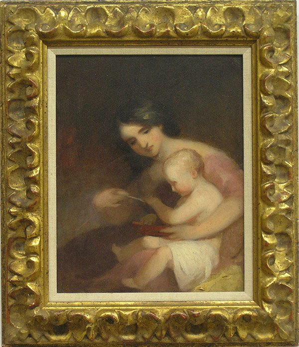 Painting, Thomas Sully, American: Framed oil on board, ''Mother Feeding A Child'', by Thomas Sully (American, 1783-1872), unsigned, Maxwell Galleries (San Francisco) label affixed verso, sight: 12''h x 9.5''w, overall: 18''h x 15.5''w