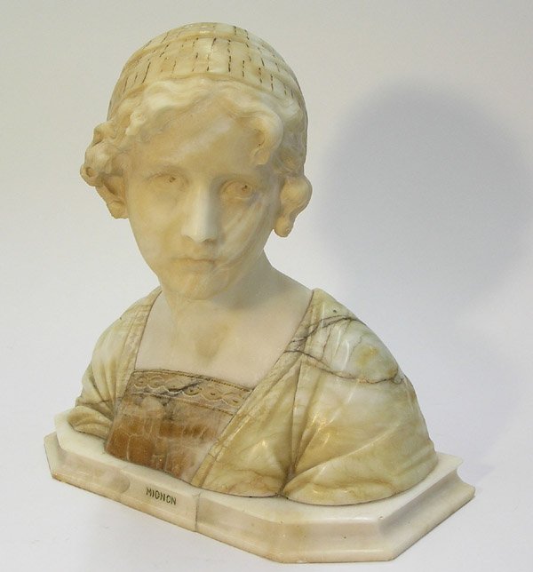 Marble alabaster bust woman Besji: Marble and alabaster bust of a woman, late 19th century, titled: ''Mignon'', signed verso Prof.G. Besfi, 14''h