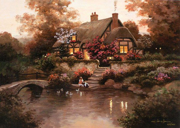 Print Christa Kieffer Paris: Unframed hand-embellished giclee print on canvas, ''A Quiet Evening'', by Christa Kieffer (Californian/German, 20th century), signed and numbered 419/445 lower right, plate signed lower right, overall