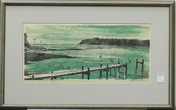 Lithograph, Clement Hurd, Bolinas: Framed Woodblock, ''Bolinas Lagoon'', by Clement Hurd (Californian, 1908-1988), signed and sealed lower right, titled and numbered 29/100 lower left, image: 9.5''h x 22''w, overall: 20''h x 31''w