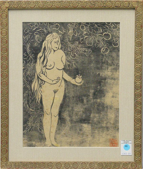 Lithograph, Clement Hurd, Californian: Framed lithograph, ''Eve,'' by Clement Hurd (Californian, 1908-1988), signed with artists seal lower right, letter from the artist attached verso, overall: 19.5''h x 16.5''w