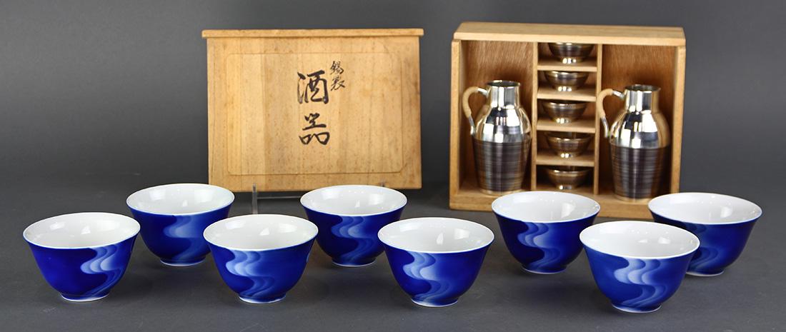 Japanese Fukagawa Tea Cups, Suzu Tin Ware Sake Set (1 of 9)