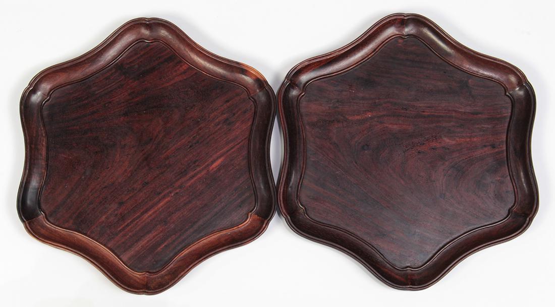 Chinese Hexagonal Wood Trays: Pair of Chinese wooden trays, of hexagonal section with a conforming rim, raised on small rectangular feet, 11"w