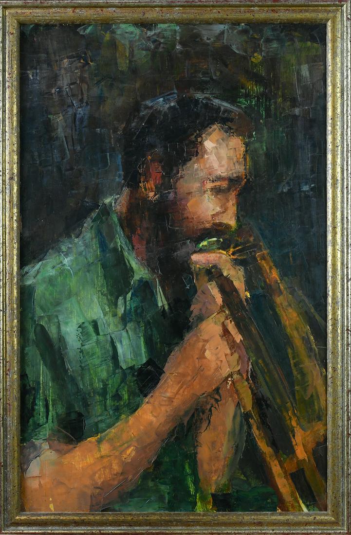 Painting, Ron Blumberg: Ron Blumberg (American, 1908-2002), Trombone Player, oil on masonite, unsigned, overall (with frame): 26"h x 17.25"w