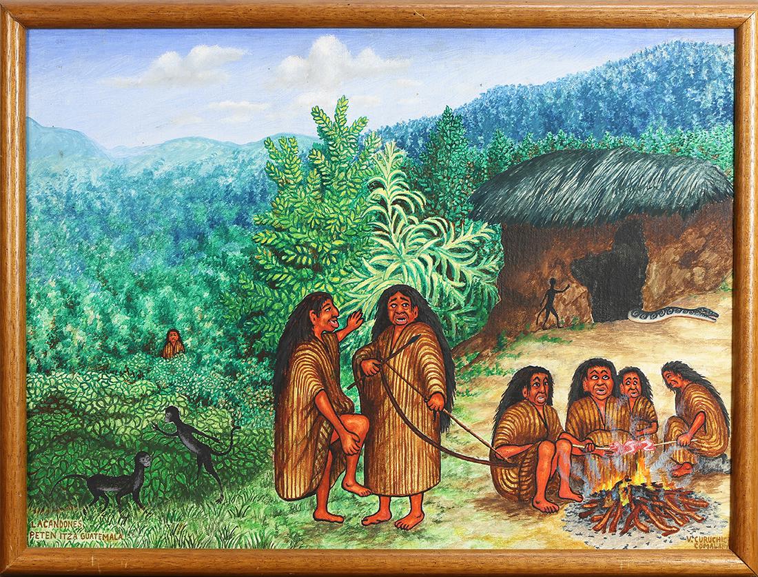Painting, Andres Curuchich: Andres Curuchich (Guatemalan, 20th century), "Lacandones Peter Itza, Guatemala," oil on canvas, signed lower right, titled lower left, overall (with frame): 19"h x 25"w