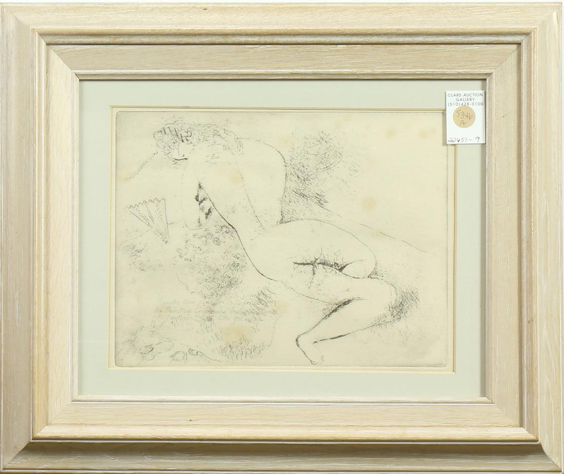 Prints, Marc Chagall: Marc Chagall (Russian/French, 1887-1985), Nude, 1924, etching, unsigned, overall (with frame): 16"h x 18.75"w