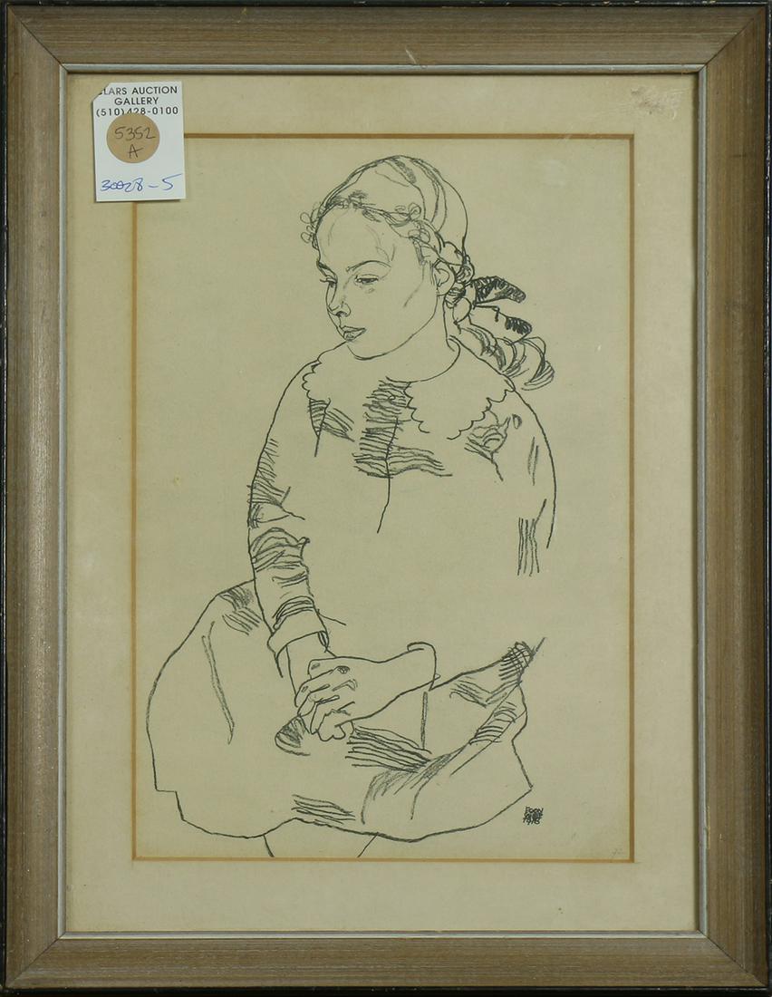 Print, After Egon Schiele: After Egon Schiele (Austrian, 1890–1918), Portrait of a Girl, 1918, lithograph, plate signed lower right, overall (with frame): 14.75"h x 10.75"w