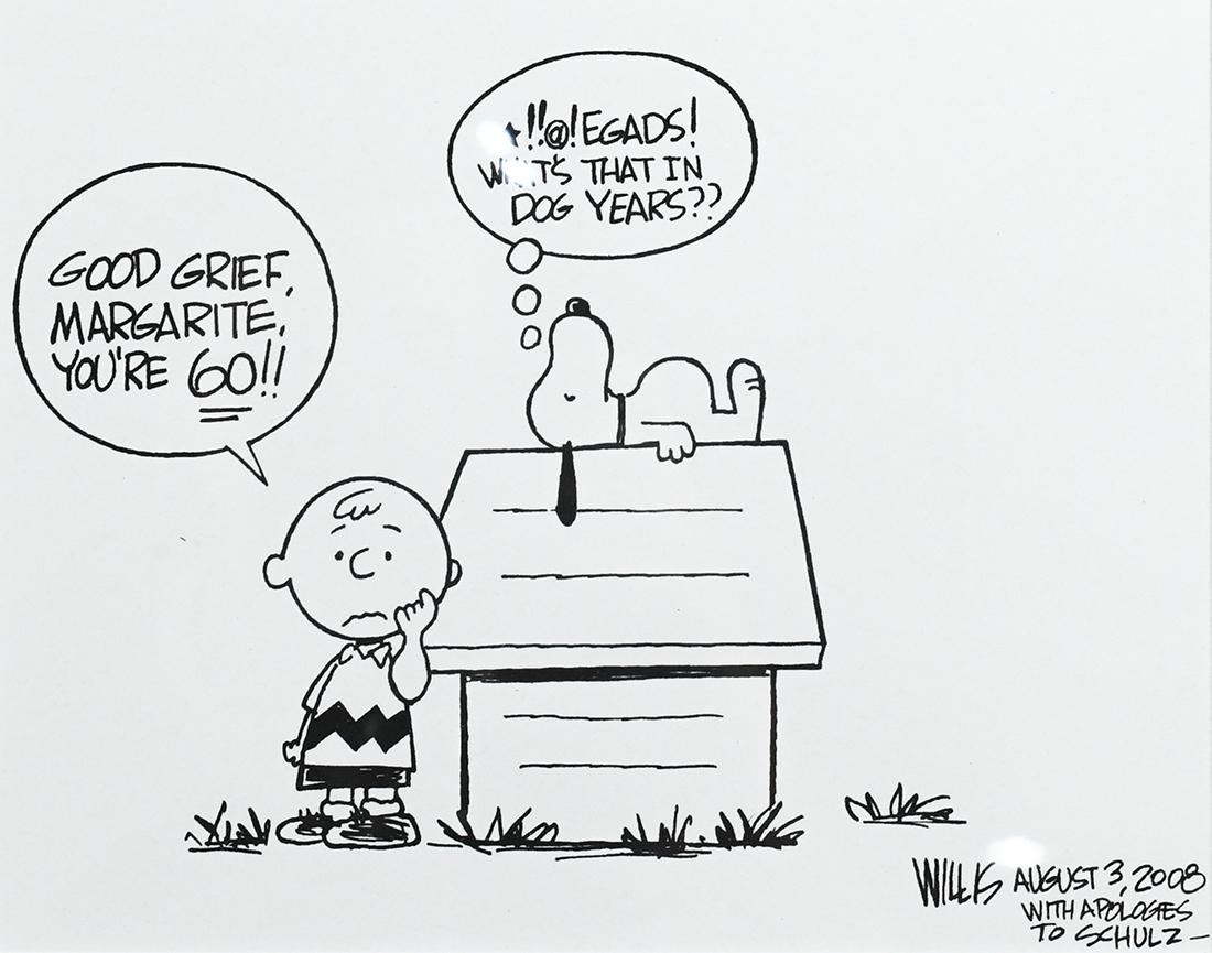 Print, Good Grief Margarite, You're 60: "Good Grief Margarite, You're 60!," 2008, offset print, signed "Willis" and inscribed "with apologies to Schulz," overall (with frame): 14.5"hx 17.5"w