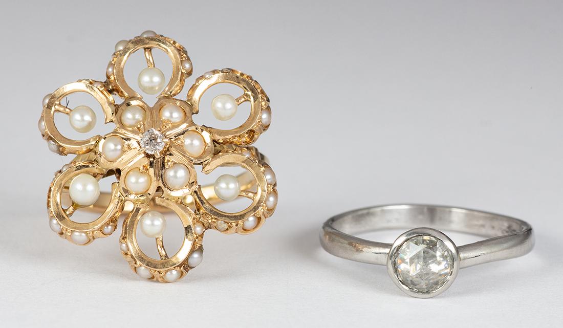 Diamond, cultured pearl, platinum rings (1 of 3)