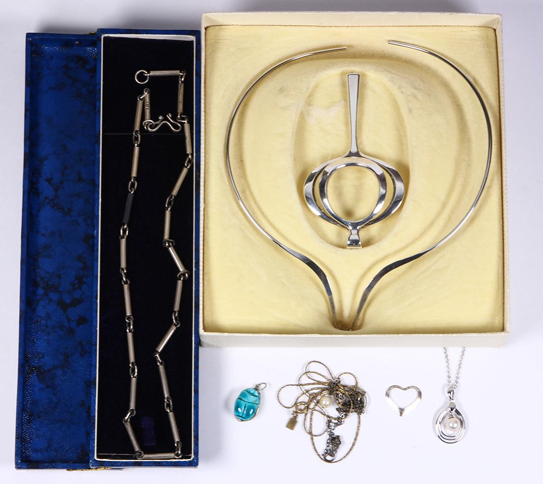 Collection of cultured pearl, faience, sterling silver,: Collection of cultured pearl, faience, sterling silver, silver and metal jewelry Including 1) David Anderson sterling silver reversible pendant (marked DAVID-ANDERSON, NORWAY STERLING 925S), accompani