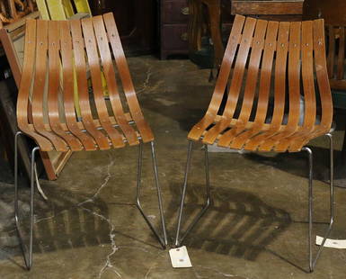 Pair of Norwegian Hans Brattrud for Hove Mobler: Pair of Norwegian Hans Brattrud for Hove Mobler stacking dining chairs circa 1958, each with bentwood slats on chrome steel wire supports, and retaining legible Hove Mobler tag to the underside 31"h,