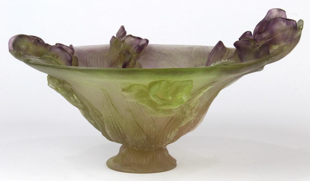 Pate de verre iris bowl: Pate de verre iris bowl, attributed to Daum France, executed in multiple colors, from lavender to soft yellow, having iris sprays surrounding the tapering form, 7"h x 10.5"w