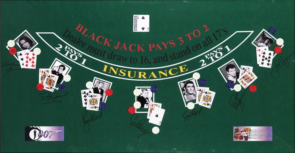James Bond 007 framed Blackjack board: James Bond 007 framed Blackjack board, with photographs and inscribed with signatures of James Bond actors, consisting of Sean Connery, George Lazenby, Roger Moore, Timothy Dalton, Pierce Brosnan, Jan